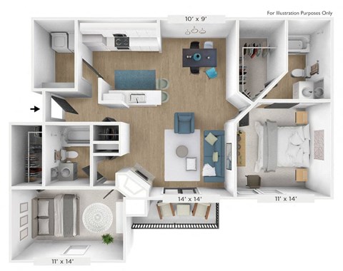 Floor plan for 2 beds, 2 baths, 1027 sqft